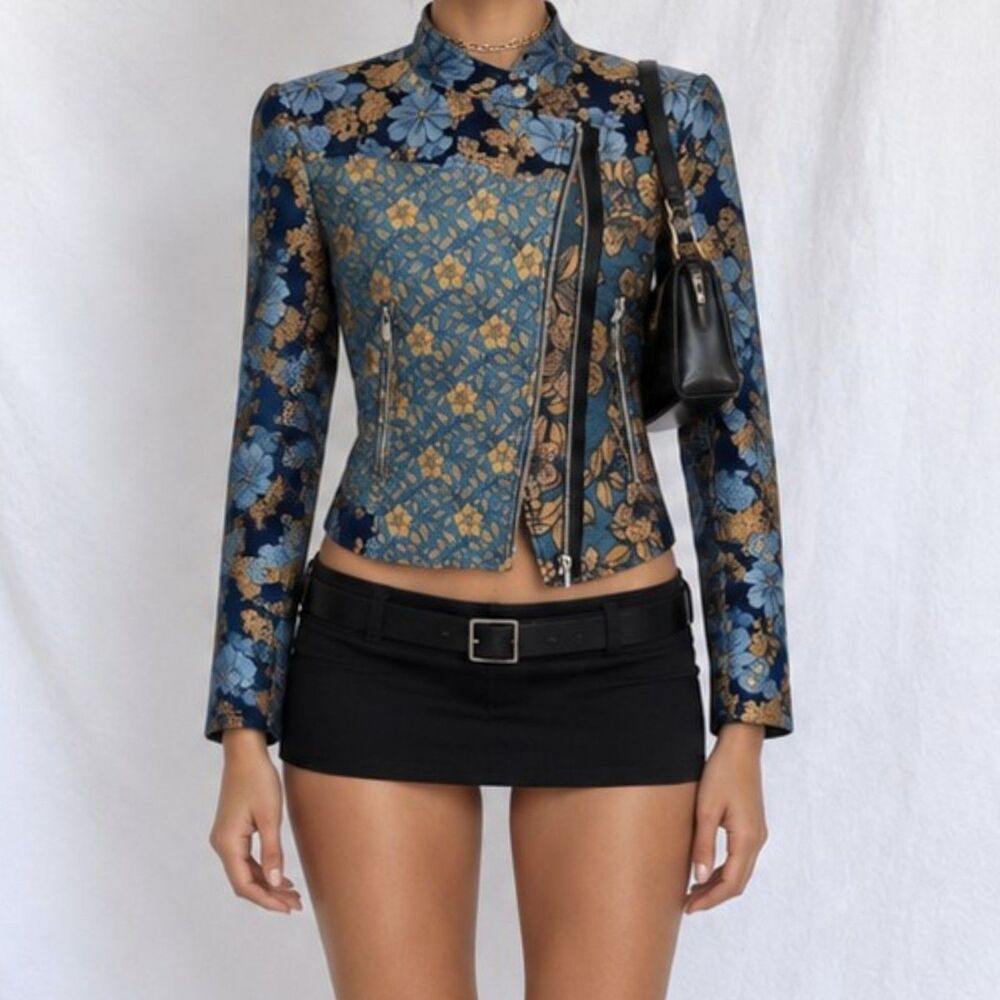 Zara Blue Yellow Floral Embroidered Shoulder Padded Blazer Jacket Size XS